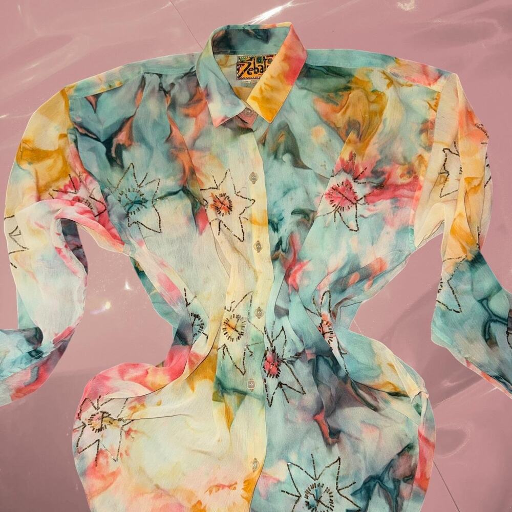Vintage dreamy hand-dyed beaded mermaid button-up blouse